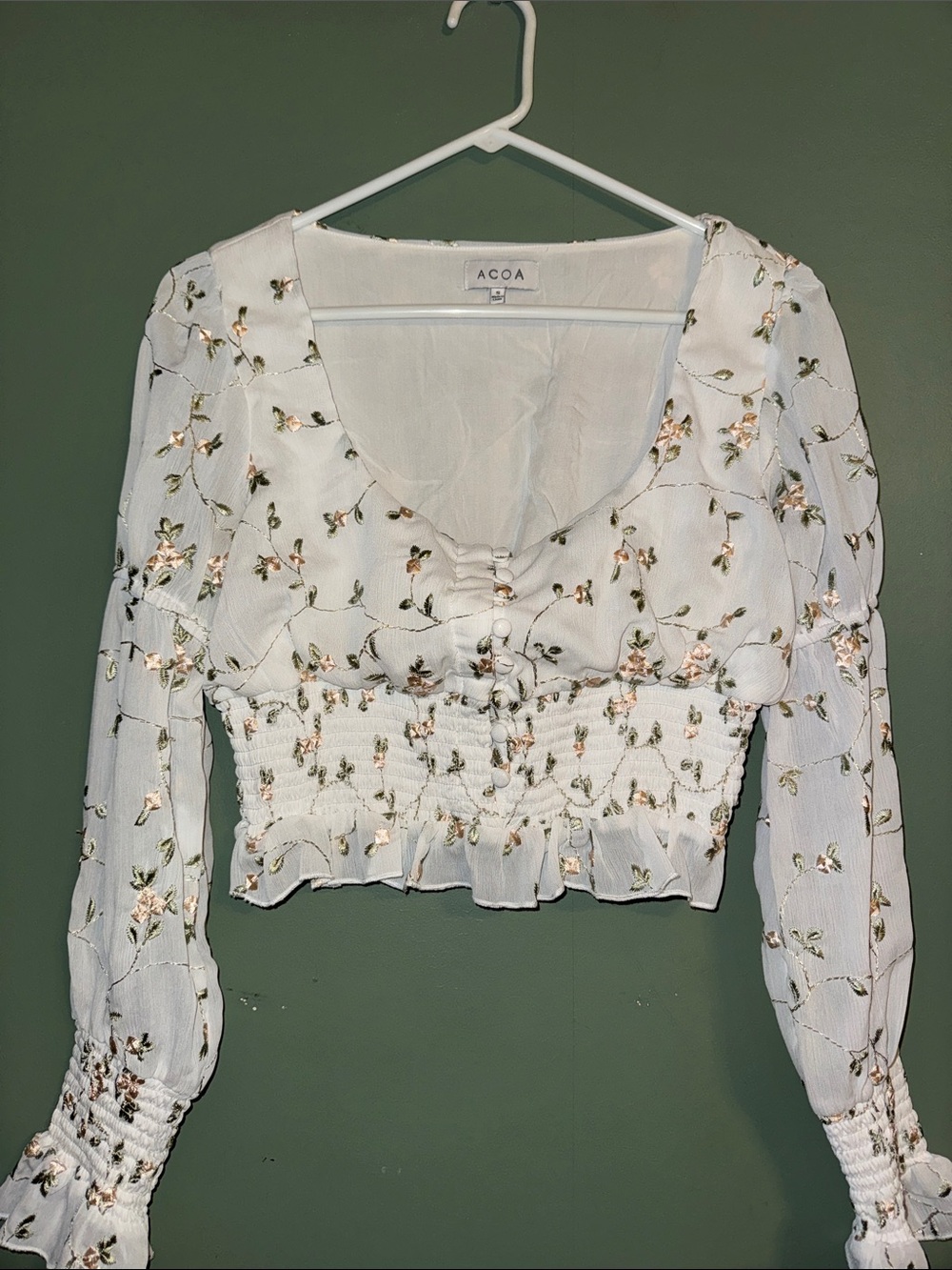 ACOA Romantic White Embroidered Floral Smock Long-Sleeve Crop Top Soft Coquette